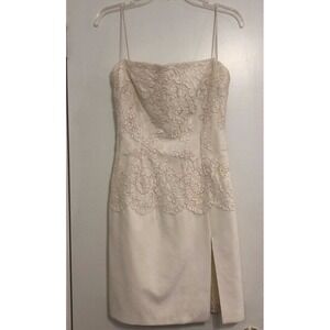 $1200 Carmen Marc Valvo Cream Lace Special Occasion Wedding Slit Dress, Size 6-8